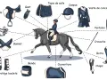 Illustration de l'équipement du cavalier : selle, filet, bonnet, gants, tapis, casque, veste, pantalon, cravache, bottes, chaps, protège boulets et bande.