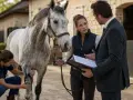 Vétérinaire examinant la jambe d'un cheval, discutant avec un homme en costume. Un vice rédhibitoire cheval est-il suspecté ?