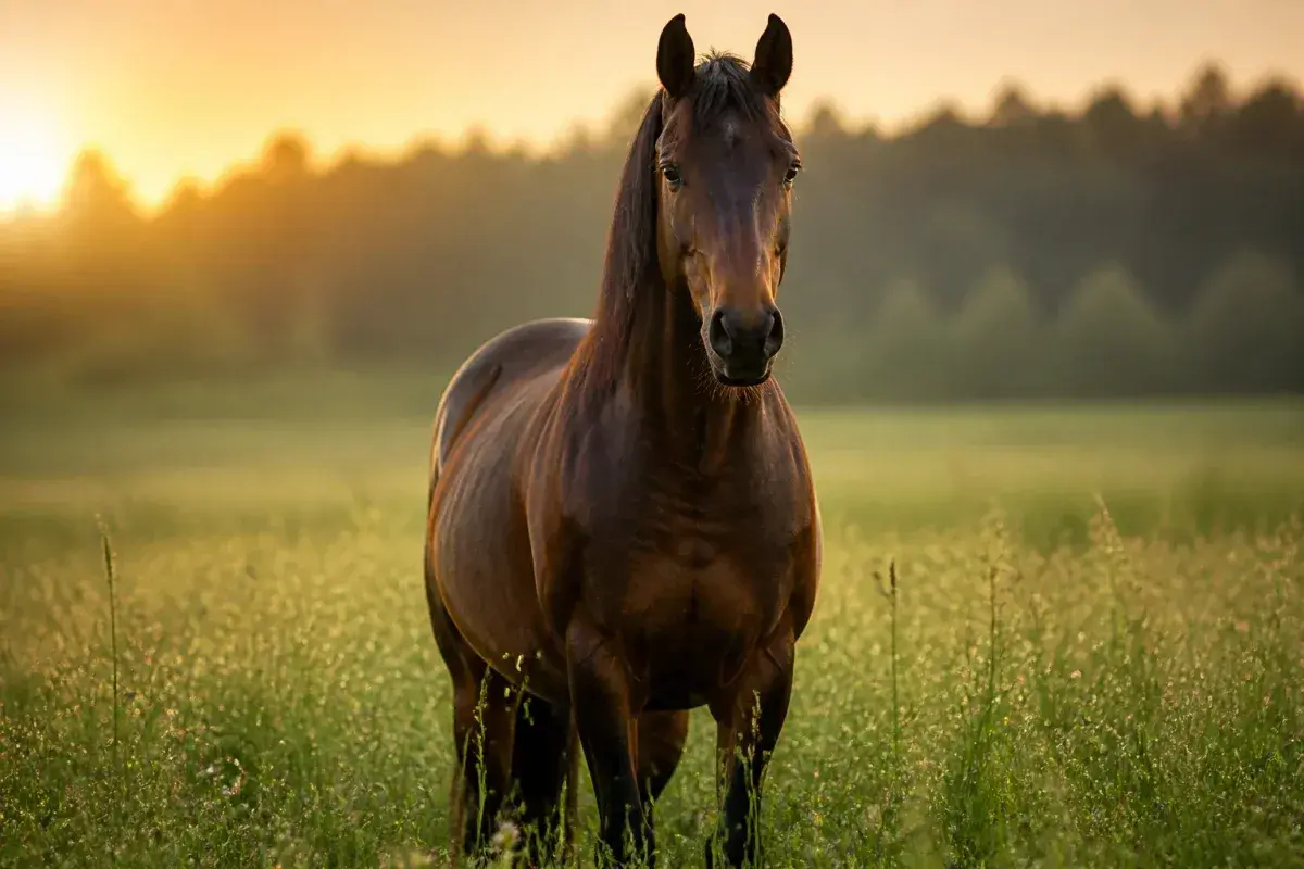 Un cheval brun se tient dans un champ d'herbes hautes au coucher du soleil. Il est important de savoir combien boit un cheval par jour pour son bien-être.