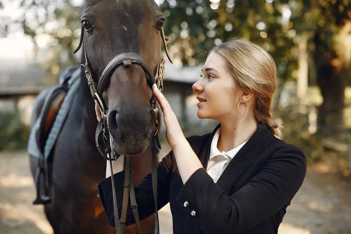 Une jeune femme caresse la tête d'un cheval noir, prête pour une séance de dressage équestre.