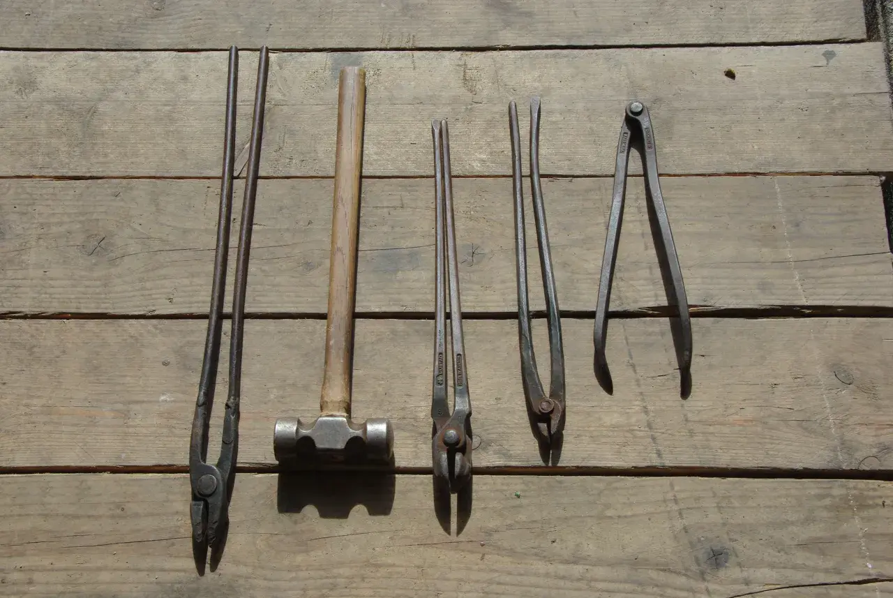 Ensemble d'outils de maréchal-ferrant : pinces, marteau et autres instruments sur fond de bois.