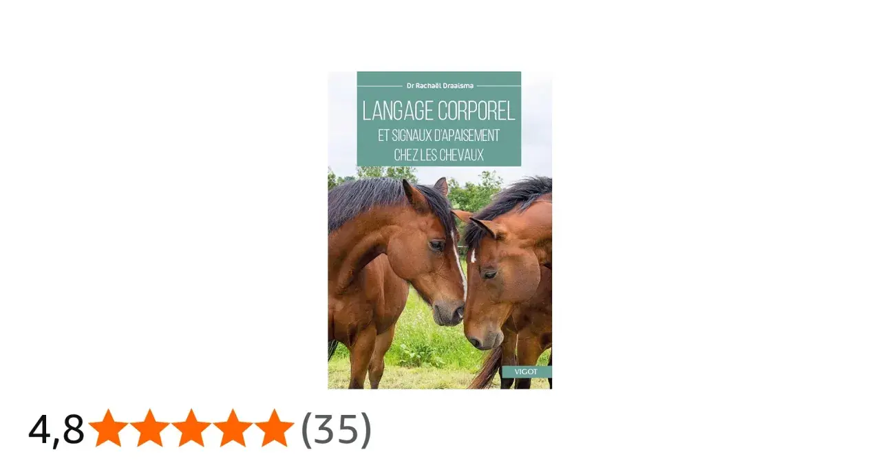 Deux chevaux se rapprochent, illustrant le langage corporel cheval. Le livre "Langage corporel et signaux d'apaisement chez les chevaux" est présenté.