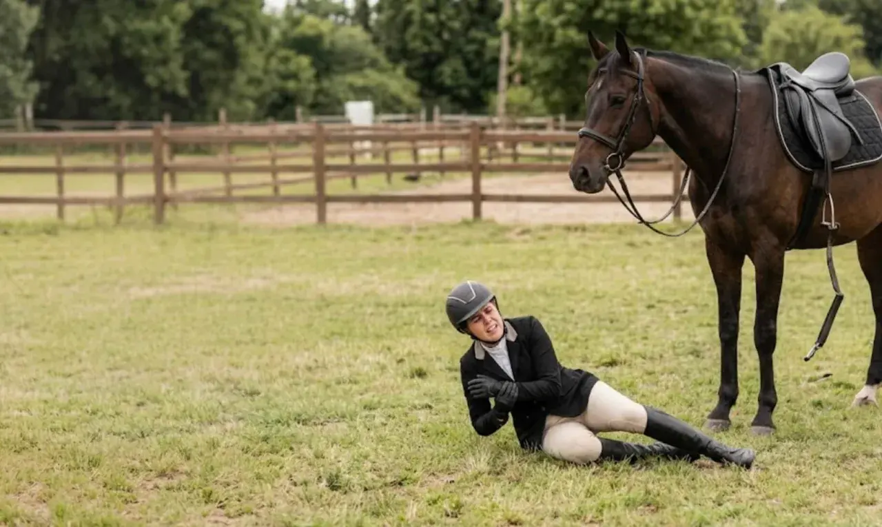 Une cavalière tombe de son cheval. L'animal, visiblement surpris, la regarde. Une scène qui illustre la **responsabilité civile cheval**.