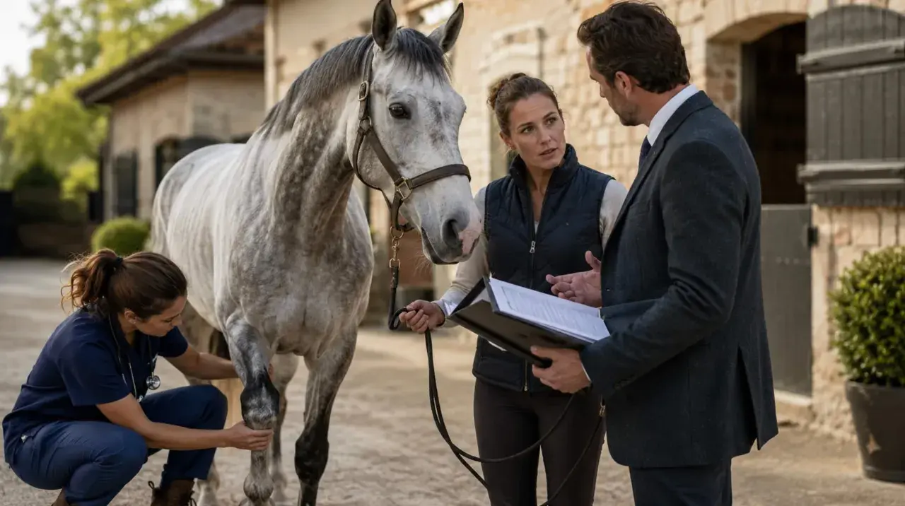 Vétérinaire examinant la jambe d'un cheval, discutant avec un homme en costume. Un vice rédhibitoire cheval est-il suspecté ?