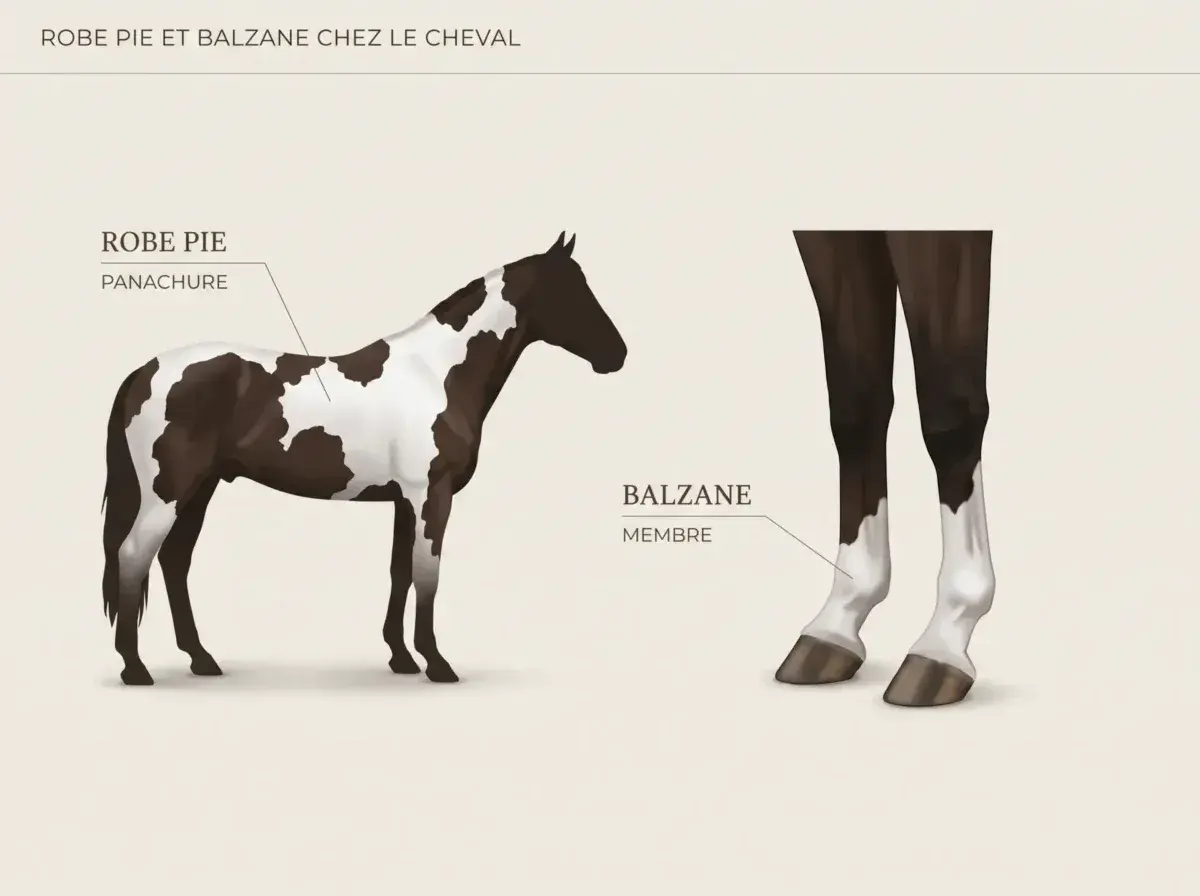 Un cheval à la robe pie, avec des taches brunes et blanches. Ses membres inférieurs présentent des balzanes blanches, une caractéristique de la couleur des chevaux.