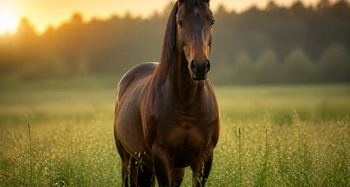 Un cheval brun se tient dans un champ d'herbes hautes au coucher du soleil. Il est important de savoir combien boit un cheval par jour pour son bien-être.