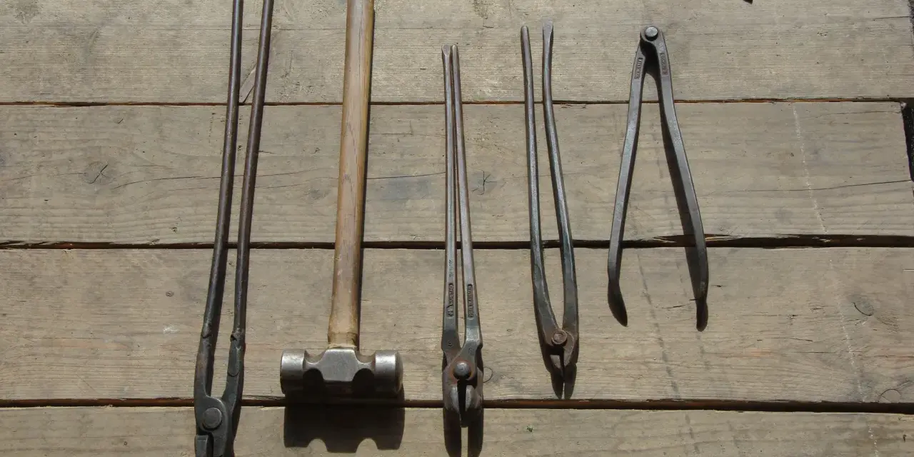 Ensemble d'outils de maréchal-ferrant : pinces, marteau et autres instruments sur fond de bois.
