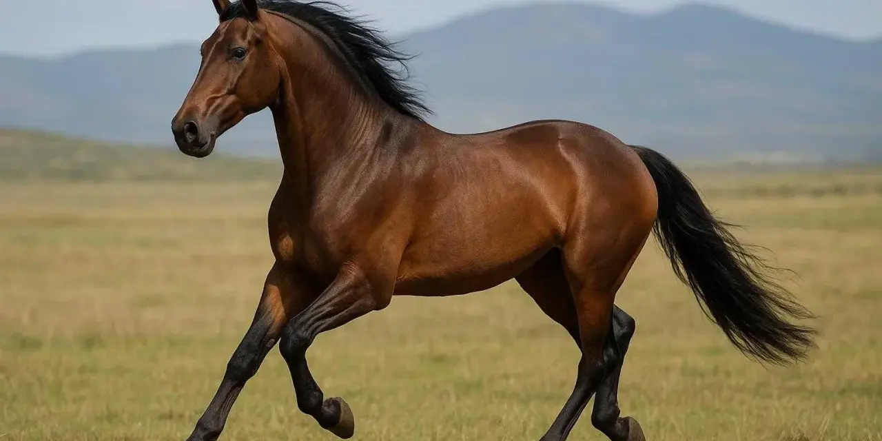 Un magnifique cheval brun galope dans un pré. Une scène évoquant le commerce de chevaux hollandais, où la beauté et la puissance sont primordiales.