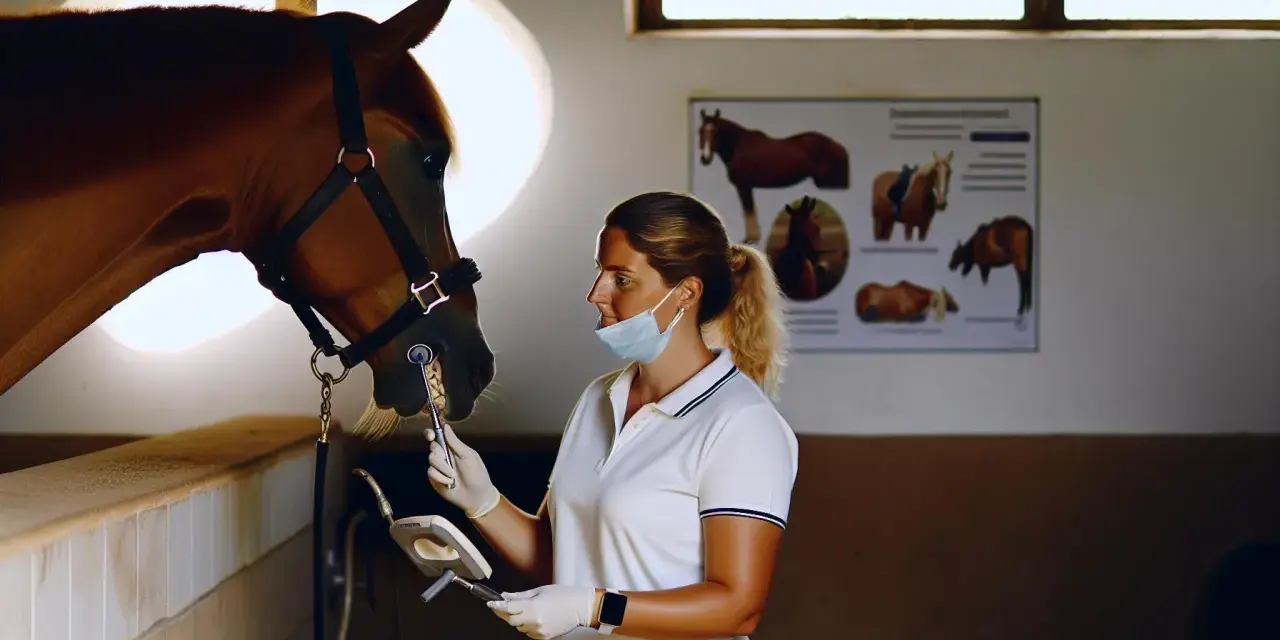Vétérinaire examinant les dents d'un cheval, un aperçu des coûts de formation dentiste équin.
