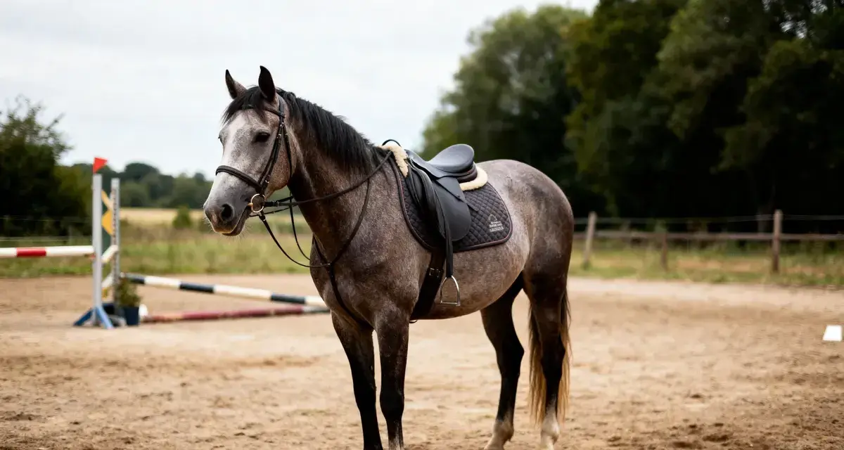 Cheval gris pommelé sellé dans une carrière, prêt pour l'entraînement. Se demander combien coûte un cheval par mois ?