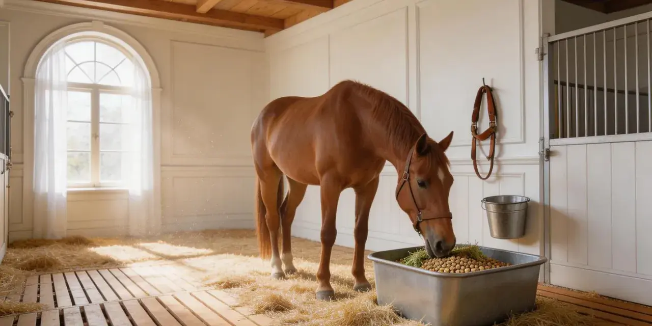 Un cheval brun mange dans un box lumineux, la litière de paille et la luzerne dans sa mangeoire créent une scène paisible.