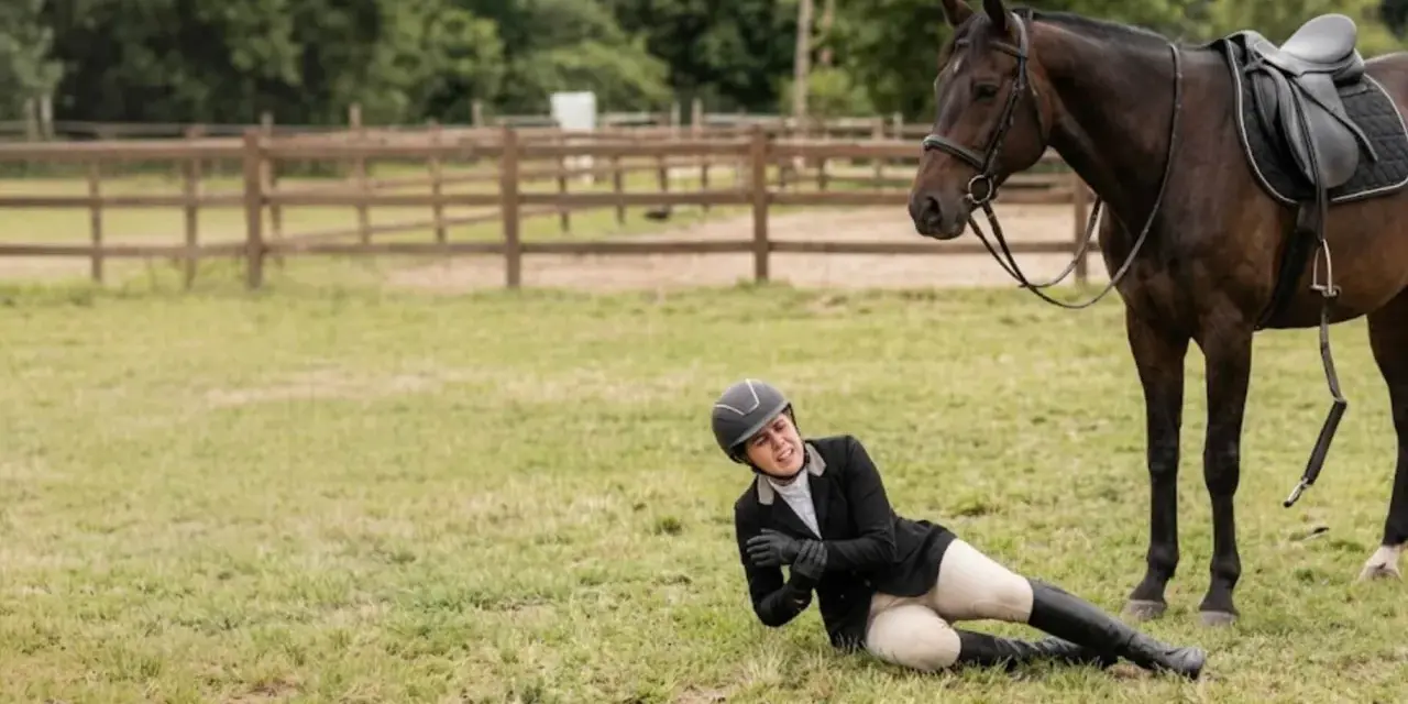 Une cavalière tombe de son cheval. L'animal, visiblement surpris, la regarde. Une scène qui illustre la **responsabilité civile cheval**.