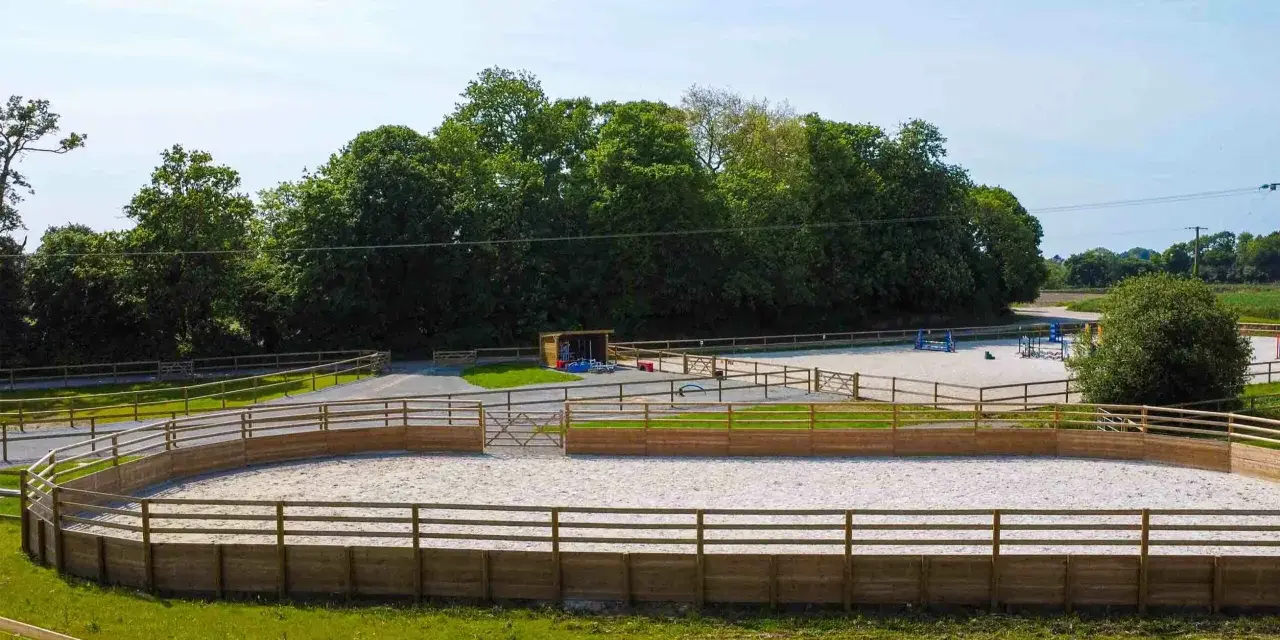 Un manège équestre, un rond d'Havrincourt, avec une piste en sable entourée de bois. Des obstacles d'équitation sont visibles au loin.