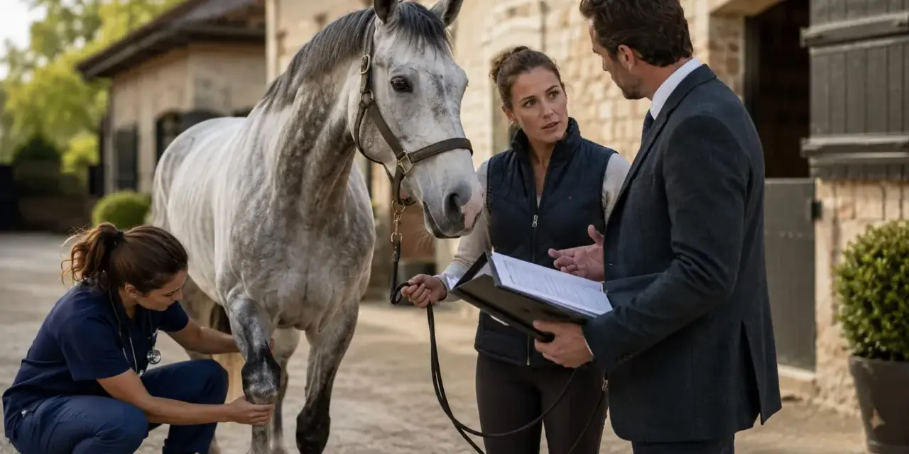 Vétérinaire examinant la jambe d'un cheval, discutant avec un homme en costume. Un vice rédhibitoire cheval est-il suspecté ?