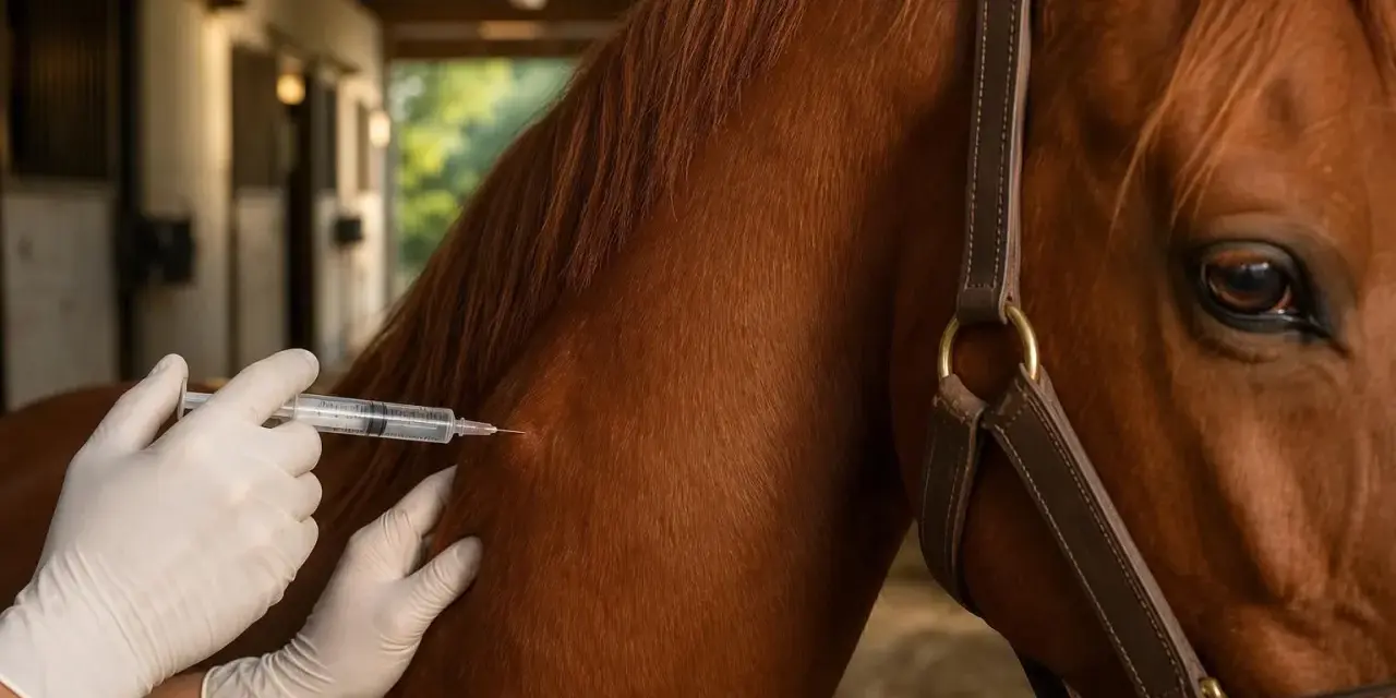 Un vétérinaire administre un vaccin à un cheval brun. Le prix du vaccin pour cheval est une préoccupation pour les propriétaires.