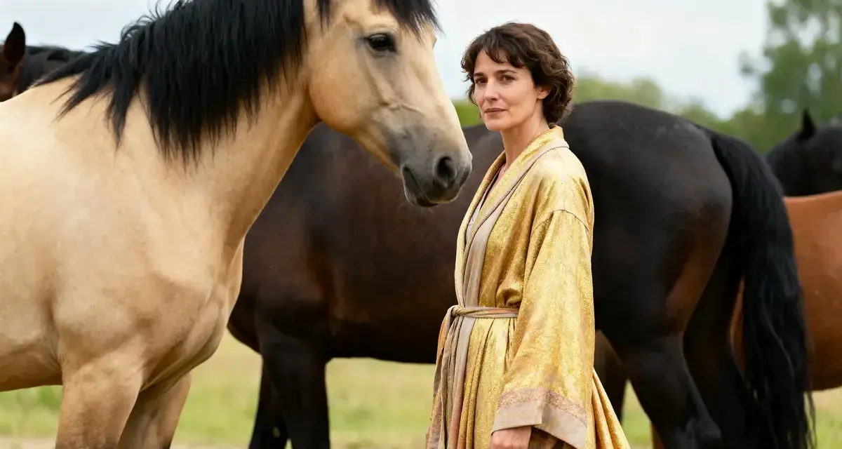 Une femme en robe dorée se tient près d'un cheval isabelle et d'autres chevaux dans un pré.