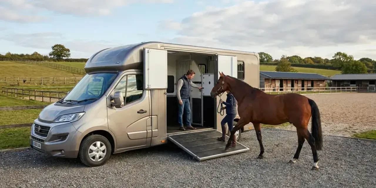 Un homme et une femme chargent un cheval dans un **dimension van chevaux 2 places** sur un terrain d'équitation.
