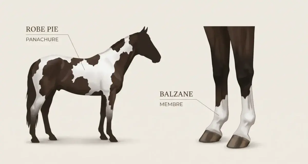 Un cheval à la robe pie, avec des taches brunes et blanches. Ses membres inférieurs présentent des balzanes blanches, une caractéristique de la couleur des chevaux.