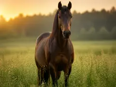 Un cheval brun se tient dans un champ d'herbes hautes au coucher du soleil. Il est important de savoir combien boit un cheval par jour pour son bien-être.