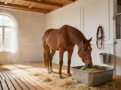 Un cheval brun mange dans un box lumineux, la litière de paille et la luzerne dans sa mangeoire créent une scène paisible.