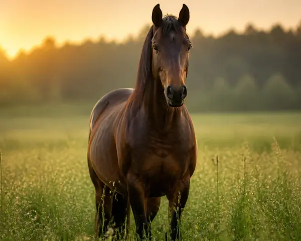 Un cheval brun se tient dans un champ d'herbes hautes au coucher du soleil. Il est important de savoir combien boit un cheval par jour pour son bien-être.
