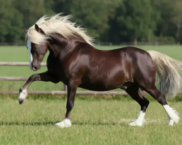 Un magnifique welsh cob cheval, robe sombre, crinière et queue blondes, en mouvement dans un pré verdoyant.