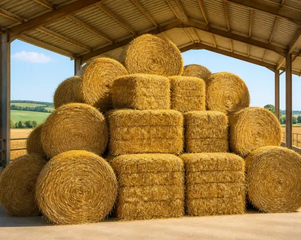 Gros tas de bottes de foin rondes et carrées sous un hangar. Le prix du foin est une préoccupation pour les agriculteurs.