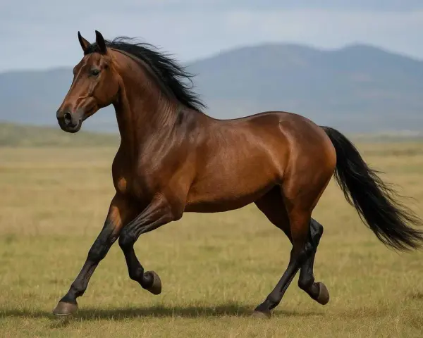 Un magnifique cheval brun galope dans un pré. Une scène évoquant le commerce de chevaux hollandais, où la beauté et la puissance sont primordiales.