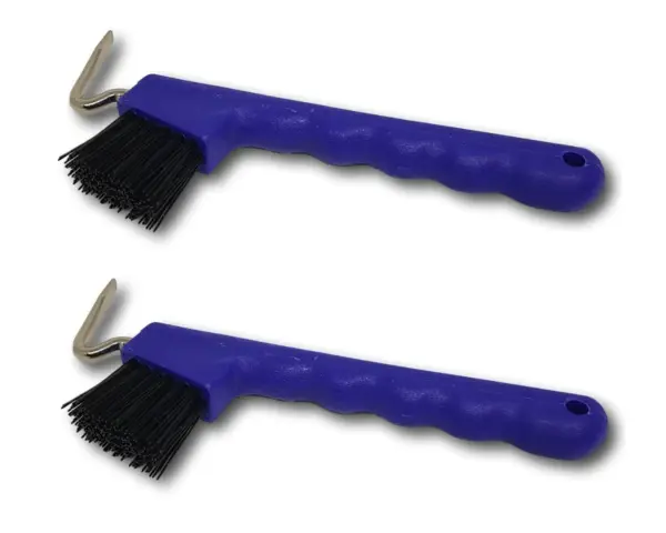 Deux cure-pieds bleus avec brosse noire et crochet métallique pour nettoyer les sabots des chevaux.