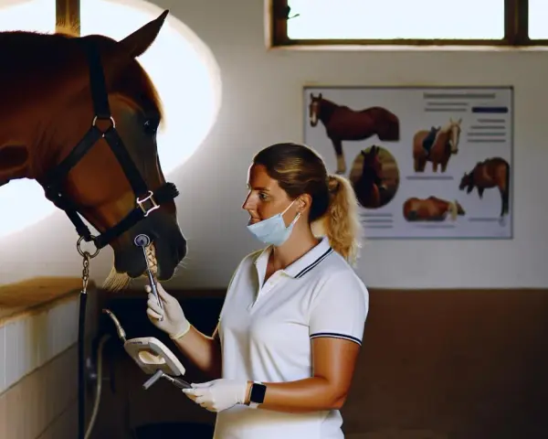 Vétérinaire examinant les dents d'un cheval, un aperçu des coûts de formation dentiste équin.