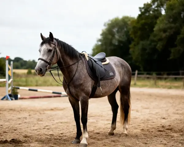 Cheval gris pommelé sellé dans une carrière, prêt pour l'entraînement. Se demander combien coûte un cheval par mois ?