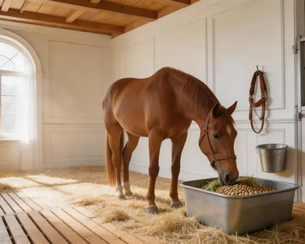 Un cheval brun mange dans un box lumineux, la litière de paille et la luzerne dans sa mangeoire créent une scène paisible.