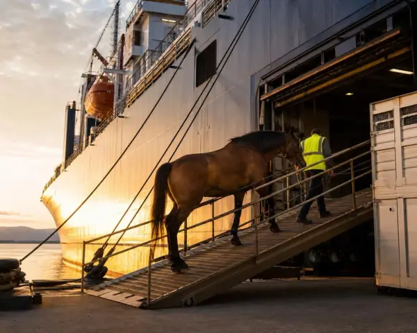 Un cheval brun monte une rampe vers un navire, guidé par un homme en gilet jaune. Le transport de chevaux se fait au coucher du soleil.