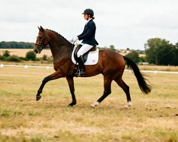 Une cavalière en tenue de compétition exécute un mouvement de dressage sur son cheval bai dans un pré.