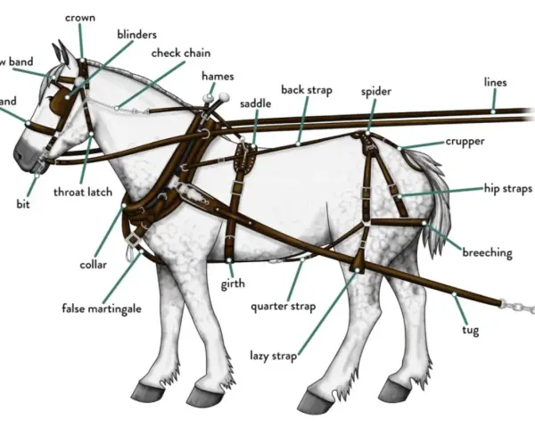 Illustration détaillée d'un cheval harnaché, montrant les différents types d'attelage chevaux : collier, sellette, bride, etc.