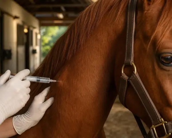 Un vétérinaire administre un vaccin à un cheval brun. Le prix du vaccin pour cheval est une préoccupation pour les propriétaires.