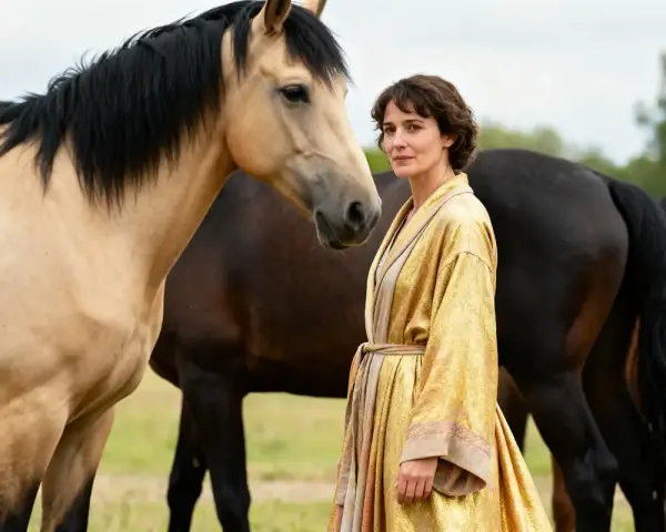 Une femme en robe dorée se tient près d'un cheval isabelle et d'autres chevaux dans un pré.