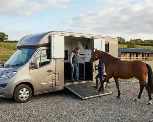 Un homme et une femme chargent un cheval dans un **dimension van chevaux 2 places** sur un terrain d'équitation.