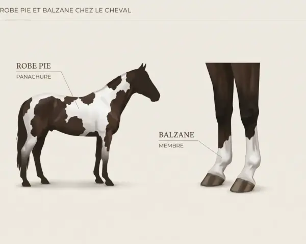 Un cheval à la robe pie, avec des taches brunes et blanches. Ses membres inférieurs présentent des balzanes blanches, une caractéristique de la couleur des chevaux.