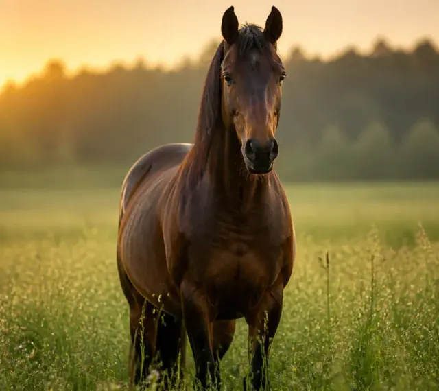 Un cheval brun se tient dans un champ d'herbes hautes au coucher du soleil. Il est important de savoir combien boit un cheval par jour pour son bien-être.