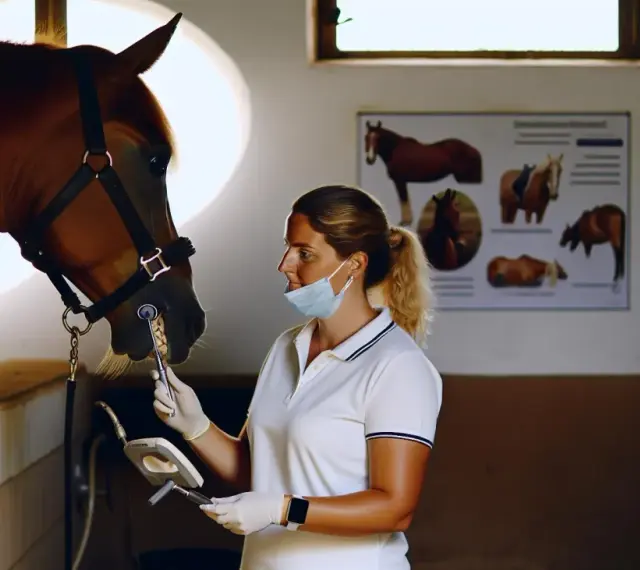 Vétérinaire examinant les dents d'un cheval, un aperçu des coûts de formation dentiste équin.
