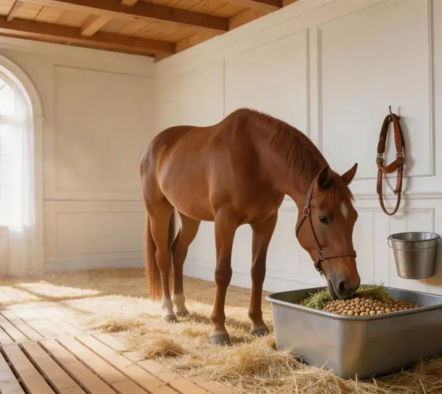 Un cheval brun mange dans un box lumineux, la litière de paille et la luzerne dans sa mangeoire créent une scène paisible.