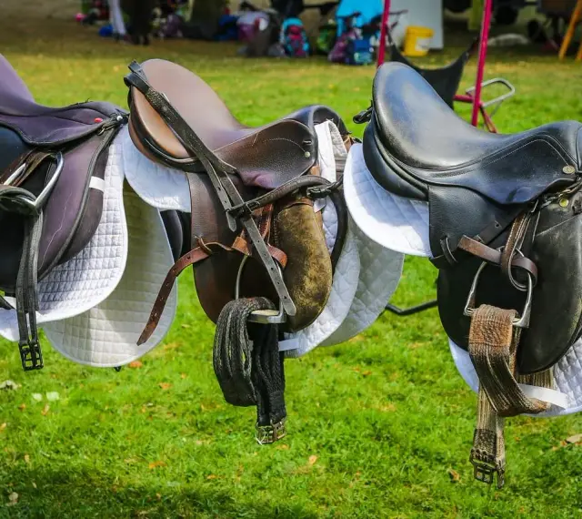 Trois selles de cheval, de différentes marques, sont accrochées sur une barrière en bois. Elles sont prêtes pour une nouvelle aventure équestre.