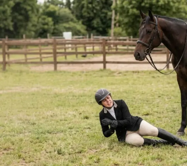 Une cavalière tombe de son cheval. L'animal, visiblement surpris, la regarde. Une scène qui illustre la **responsabilité civile cheval**.