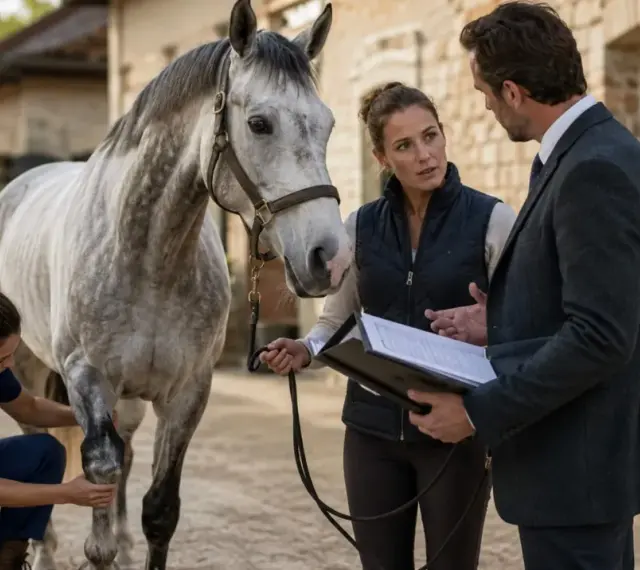 Vétérinaire examinant la jambe d'un cheval, discutant avec un homme en costume. Un vice rédhibitoire cheval est-il suspecté ?