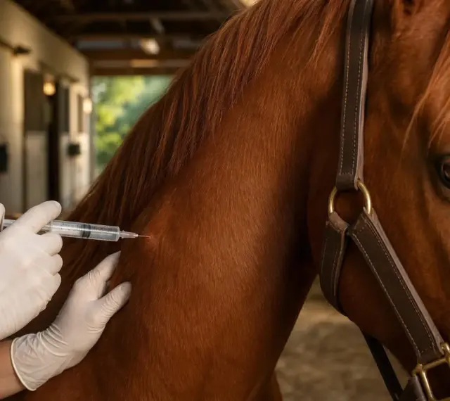 Un vétérinaire administre un vaccin à un cheval brun. Le prix du vaccin pour cheval est une préoccupation pour les propriétaires.