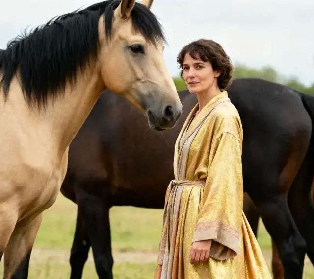 Une femme en robe dorée se tient près d'un cheval isabelle et d'autres chevaux dans un pré.