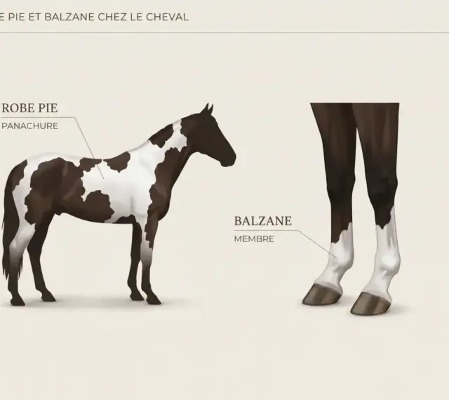 Un cheval à la robe pie, avec des taches brunes et blanches. Ses membres inférieurs présentent des balzanes blanches, une caractéristique de la couleur des chevaux.