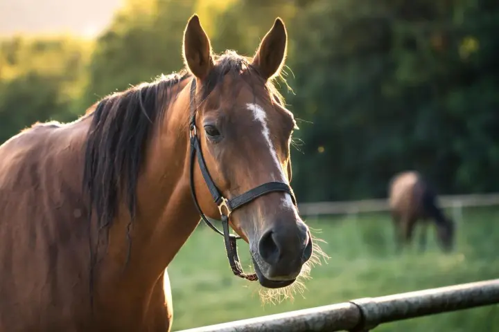 Un beau cheval brun, au soleil couchant, évoque la sérénité et la longue espérance de vie cheval.