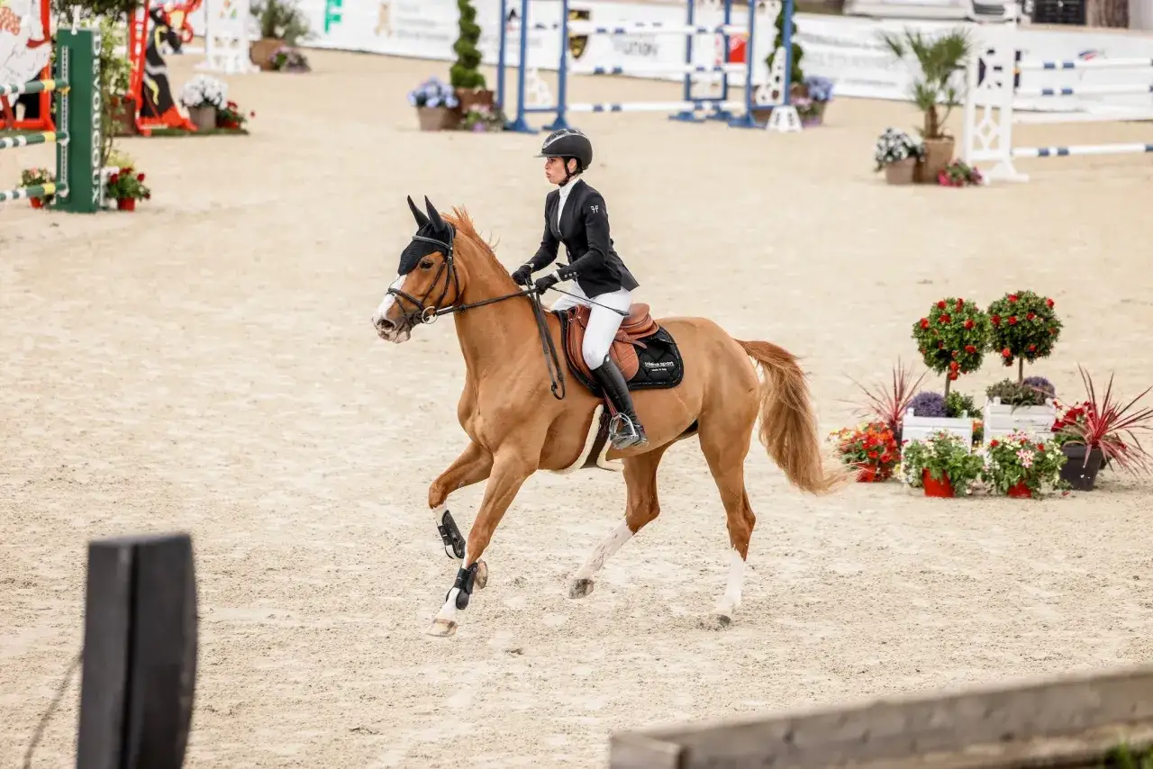 Une cavalière exécute une figure de dressage sur son cheval bai dans une arène de sable, entourée de décorations florales.